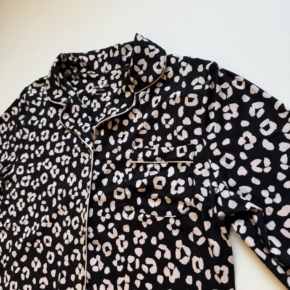 Kate Spade NY Pajama Set XL Black Pink Leopard Print 2 Pc Long Sleeve